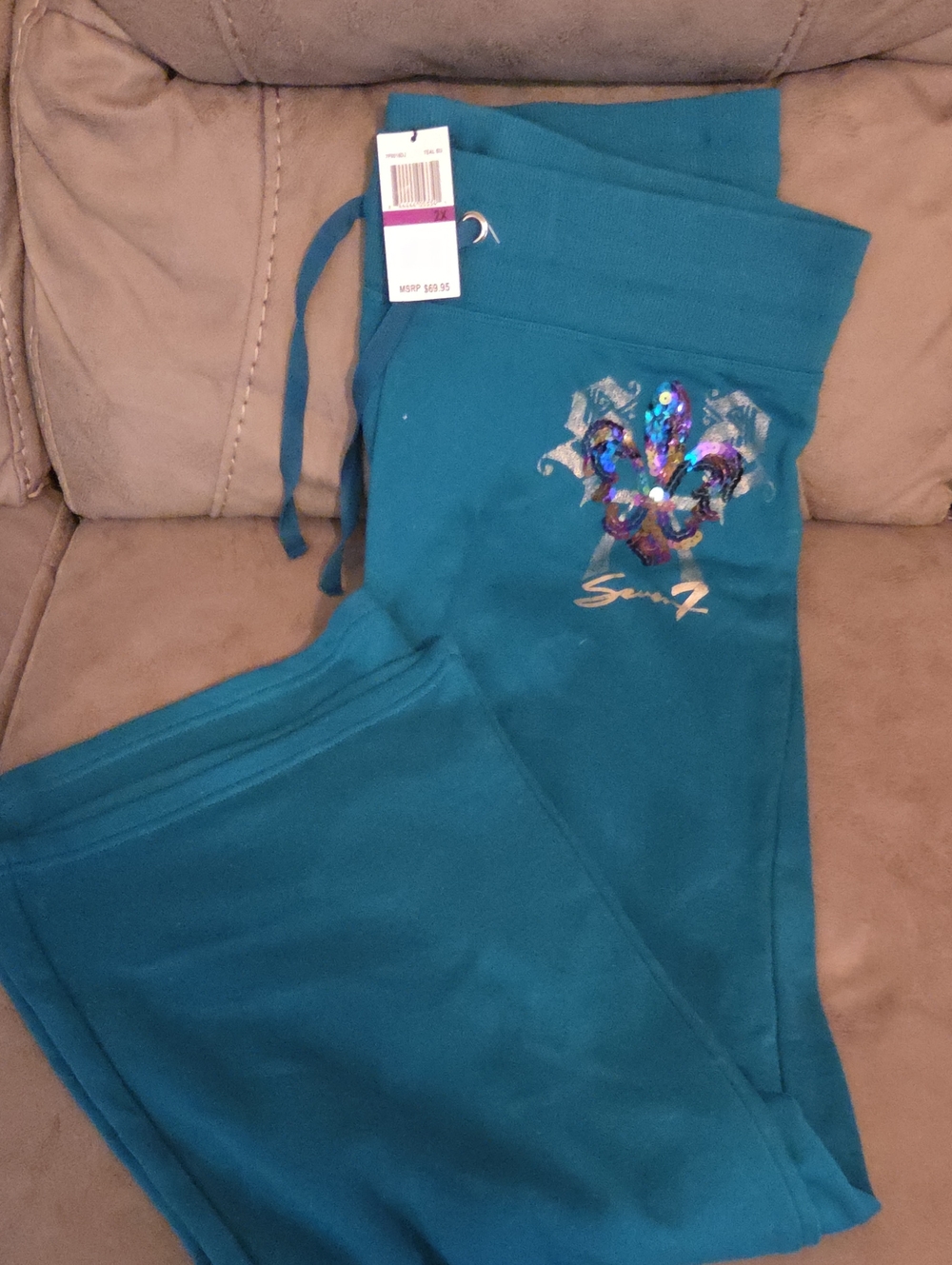 Seven7 Teal Sequin Fleur-de-Lis Track Joggers NWT